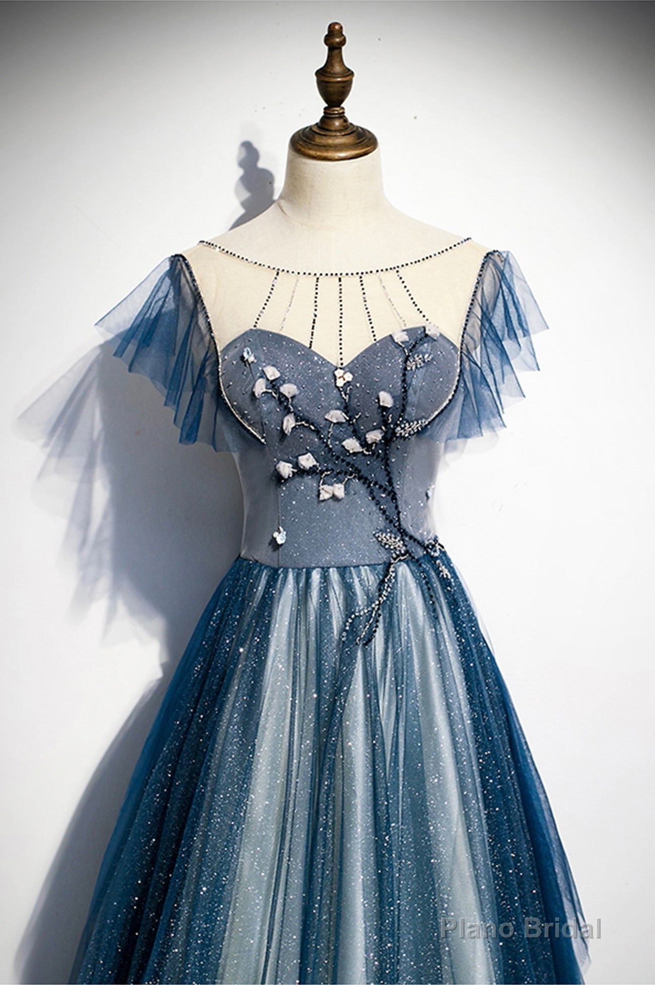 Blue Tulle Long Prom Dresses, A-Line Formal Evening Dresses