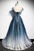 Blue Tulle Long Prom Dresses, A-Line Formal Evening Dresses