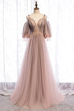 A-Line Tulle Long Prom Dresses, Lace Evening Dresses