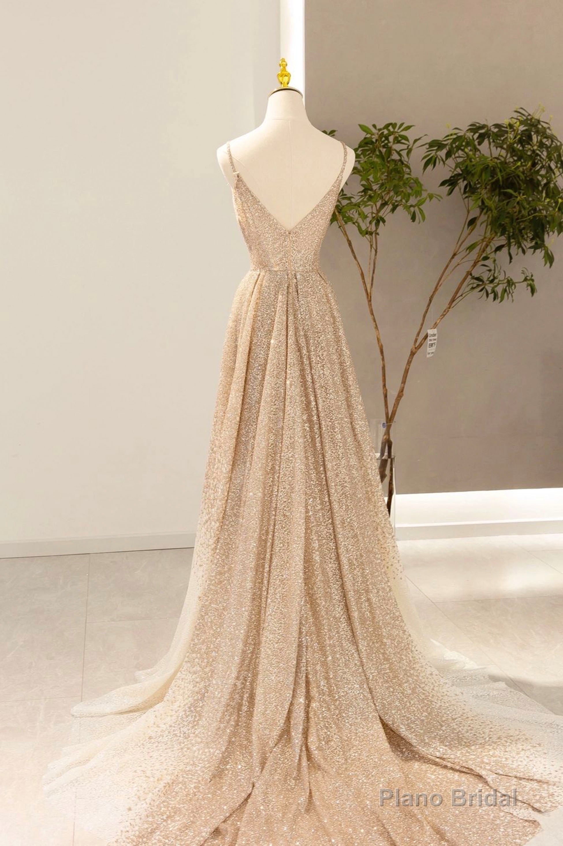 Gold V-Neck Sequins Long Prom Dress, A-Line Evening Party Dress Secondary image