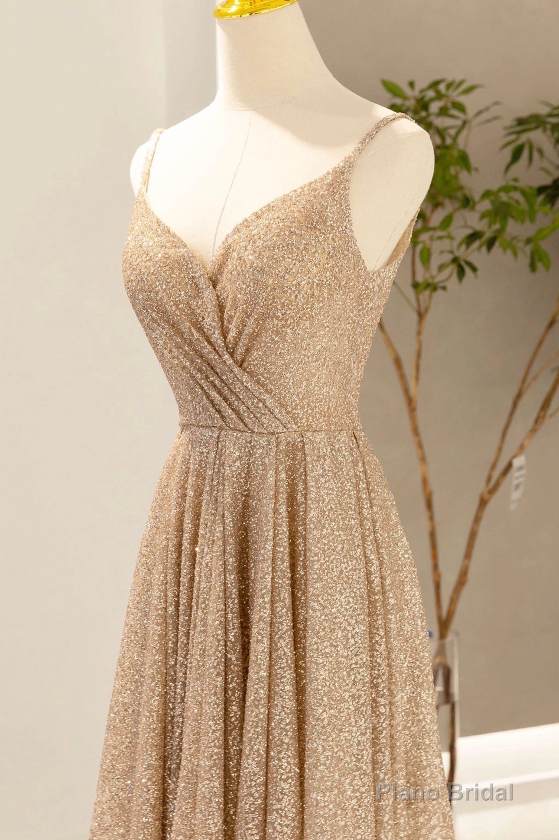 Gold V-Neck Sequins Long Prom Dress, A-Line Evening Party Dress