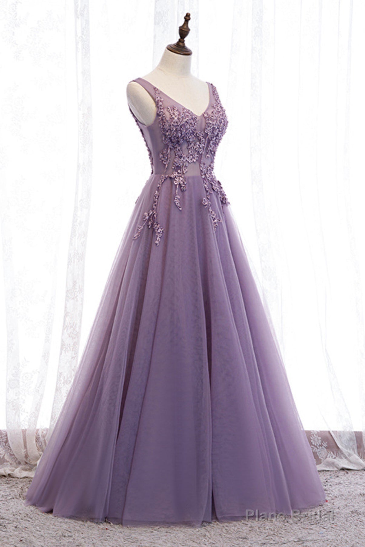 Purple V-Neck Lace Long Prom Dresses, A-Line Evening Party Dresses Secondary image