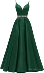 Spaghetti Straps Prom Dresses Long Satin Beaded V-Neck Formal Evening Party Ball Gowns with Pockets