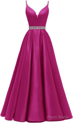 Spaghetti Straps Prom Dresses Long Satin Beaded V-Neck Formal Evening Party Ball Gowns with Pockets