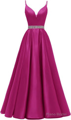 Spaghetti Straps Prom Dresses Long Satin Beaded V-Neck Formal Evening Party Ball Gowns with Pockets