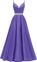 Spaghetti Straps Prom Dresses Long Satin Beaded V-Neck Formal Evening Party Ball Gowns with Pockets