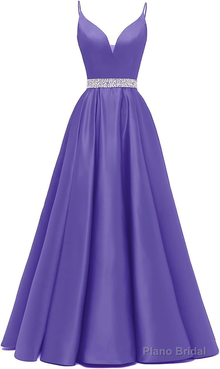 Spaghetti Straps Prom Dresses Long Satin Beaded V-Neck Formal Evening Party Ball Gowns with Pockets