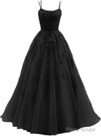 Womens Lace Appliques Prom Dresses Long Spaghetti Strap Ball Gowns Tulle Formal Dress for Party