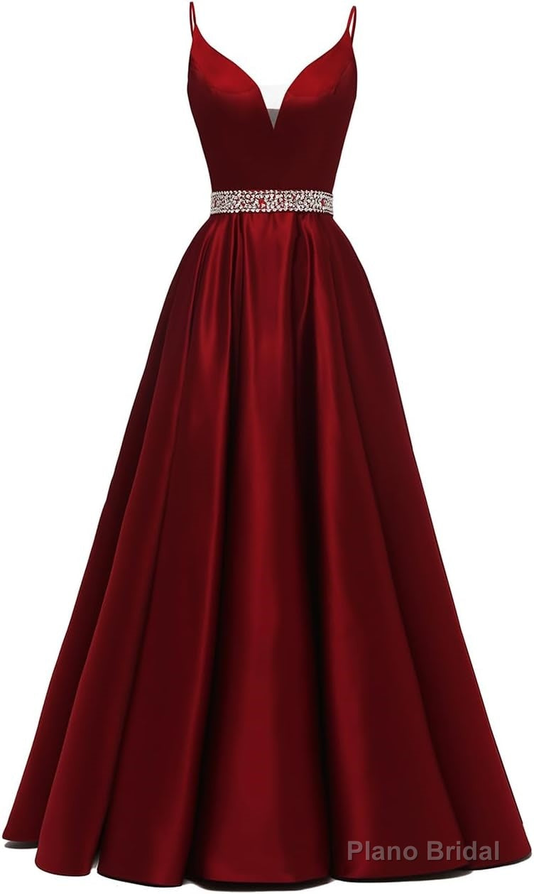 Spaghetti Straps Prom Dresses Long Satin Beaded V-Neck Formal Evening Party Ball Gowns with Pockets