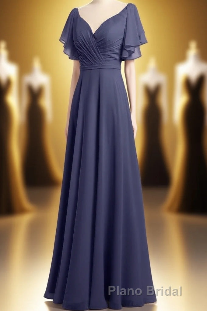 Navy Blue V-Neck Backless Ruffled A-Line Long Dresses Main image