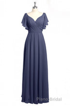 Navy Blue V-Neck Backless Ruffled A-Line Long Dresses