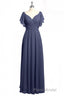Navy Blue V-Neck Backless Ruffled A-Line Long Dresses