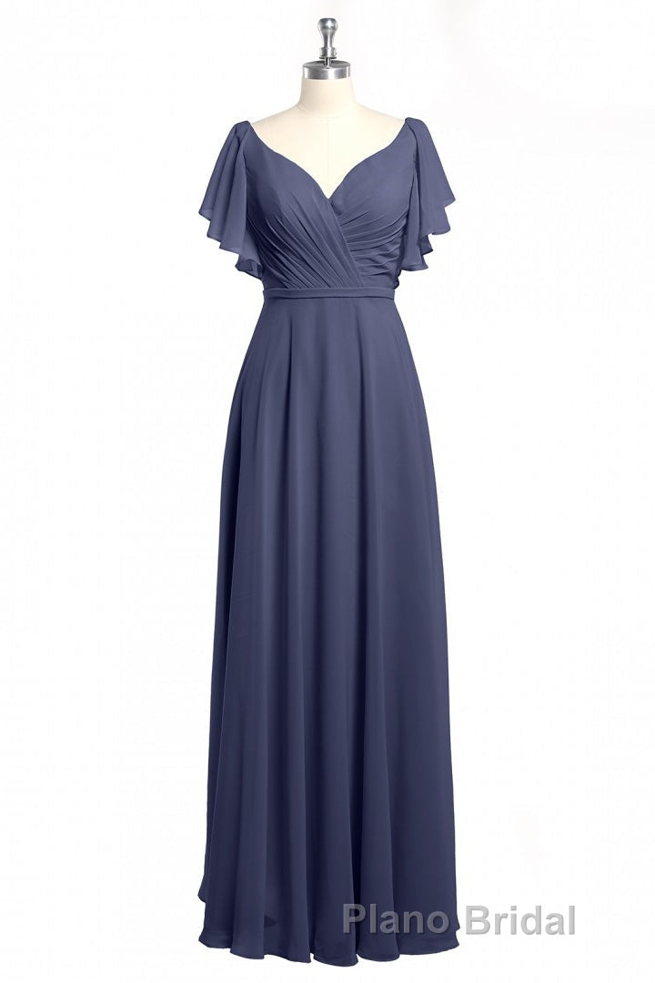 Navy Blue V-Neck Backless Ruffled A-Line Long Dresses