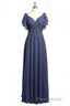 Navy Blue V-Neck Backless Ruffled A-Line Long Dresses