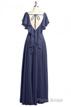 Navy Blue V-Neck Backless Ruffled A-Line Long Dresses