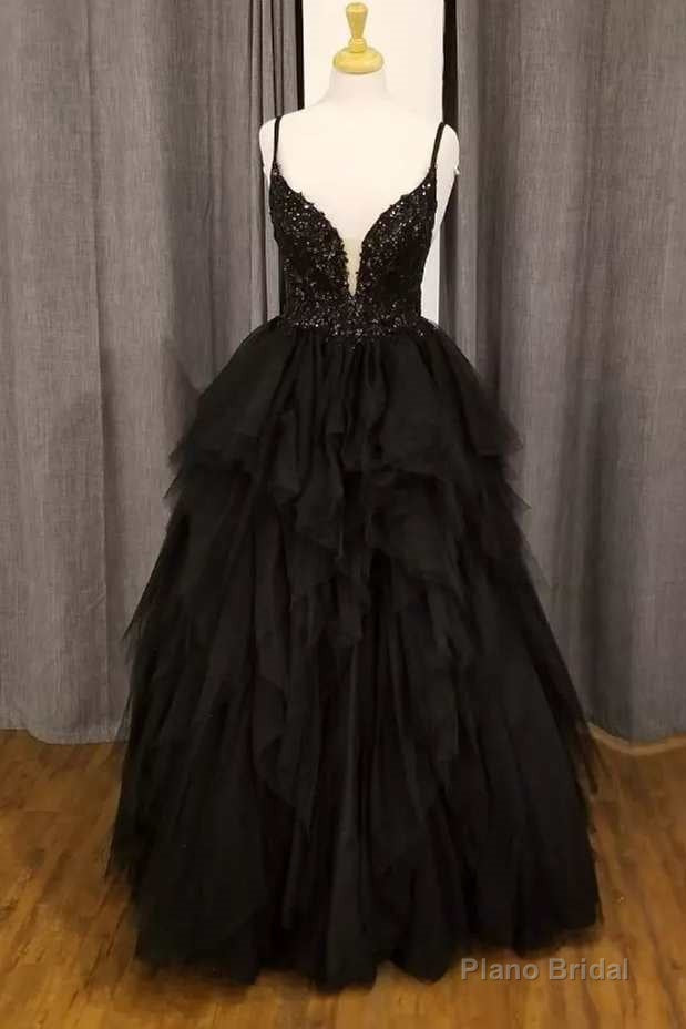 Black Tulle Floral Lace Straps Tiered A-Line Prom Gown Main image
