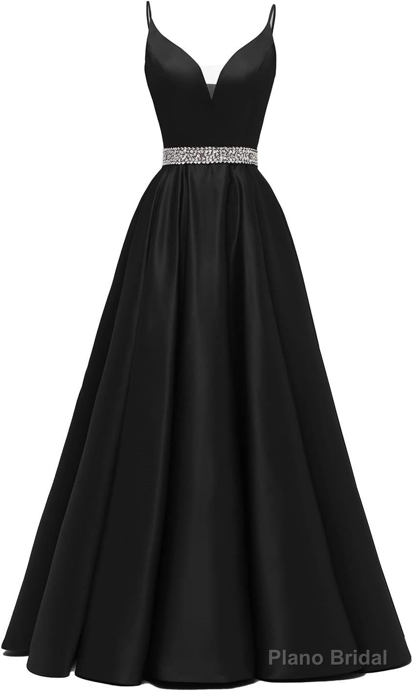 Spaghetti Straps Prom Dresses Long Satin Beaded V-Neck Formal Evening Party Ball Gowns with Pockets