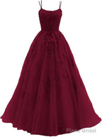 Womens Lace Appliques Prom Dresses Long Spaghetti Strap Ball Gowns Tulle Formal Dress for Party