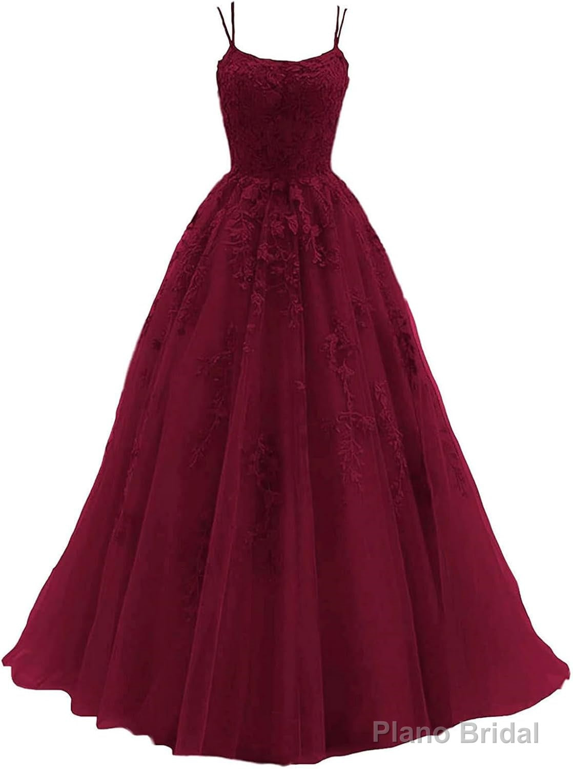 Womens Lace Appliques Prom Dresses Long Spaghetti Strap Ball Gowns Tulle Formal Dress for Party
