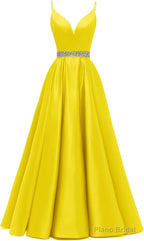 Spaghetti Straps Prom Dresses Long Satin Beaded V-Neck Formal Evening Party Ball Gowns with Pockets