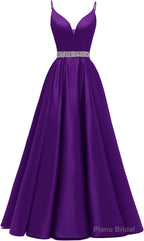Spaghetti Straps Prom Dresses Long Satin Beaded V-Neck Formal Evening Party Ball Gowns with Pockets