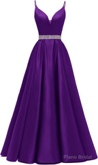 Spaghetti Straps Prom Dresses Long Satin Beaded V-Neck Formal Evening Party Ball Gowns with Pockets