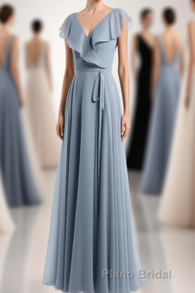 Dusty Blue V-Neck Backless Ruffled A-Line Long Bridesmaid Dresses Main image