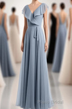 Dusty Blue V-Neck Backless Ruffled A-Line Long Bridesmaid Dresses