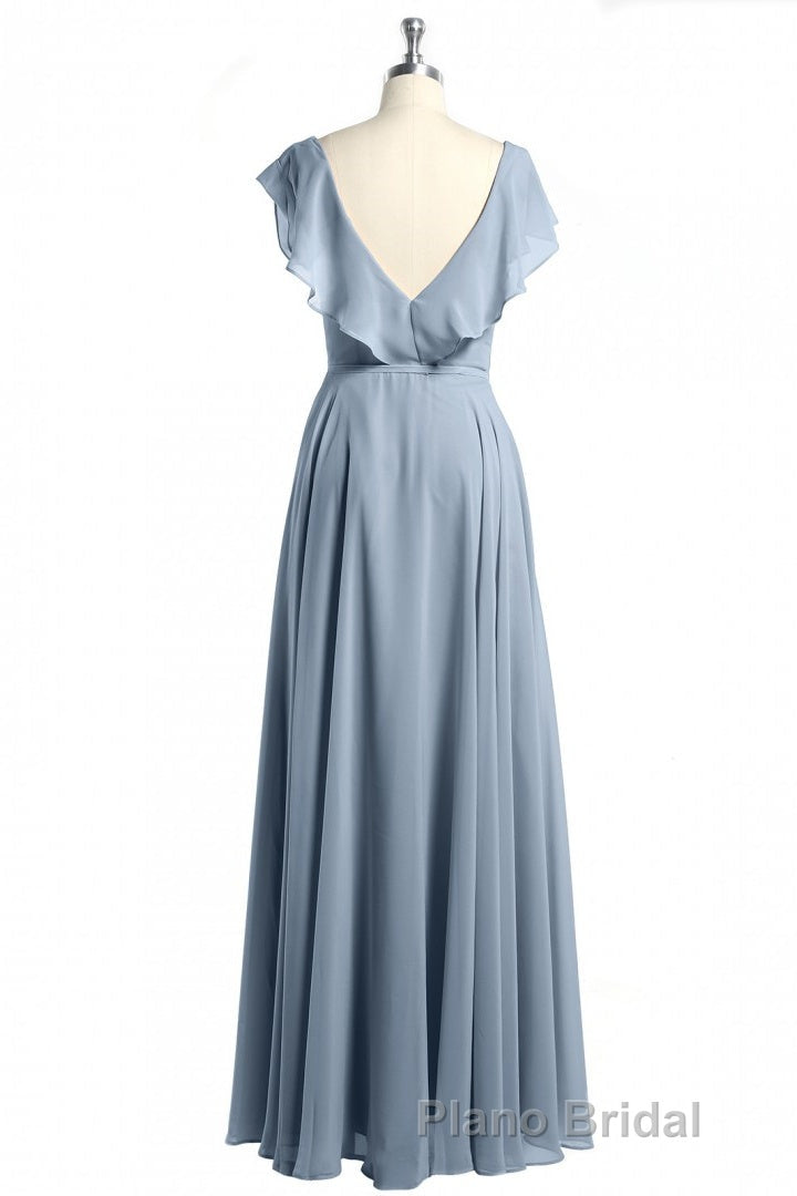 Dusty Blue V-Neck Backless Ruffled A-Line Long Bridesmaid Dresses