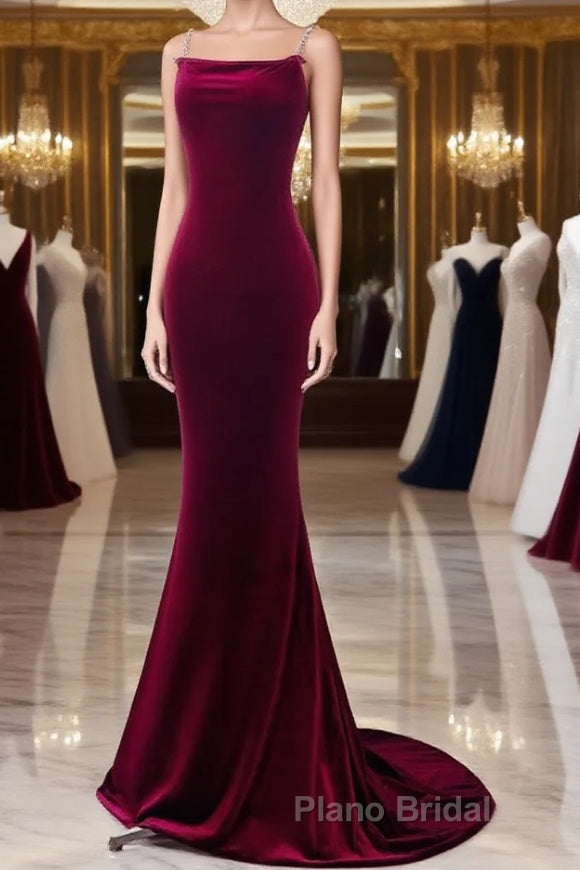 Simple Velvet Mermaid Burgundy Long Formal Prom Dress, Burgundy Long Formal Dress Main image