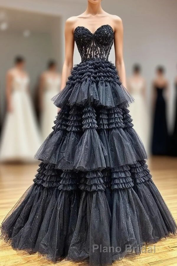 Black Sweetheart Neck Tulle Lace Long Formal Prom Dresses, Black Formal Evening Dresses