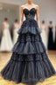 Black Sweetheart Neck Tulle Lace Long Formal Prom Dresses, Black Formal Evening Dresses