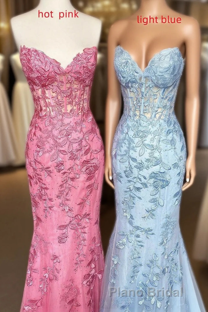 Sweetheart Mermaid Long Formal Prom Dresses with Lace Appliques Main image