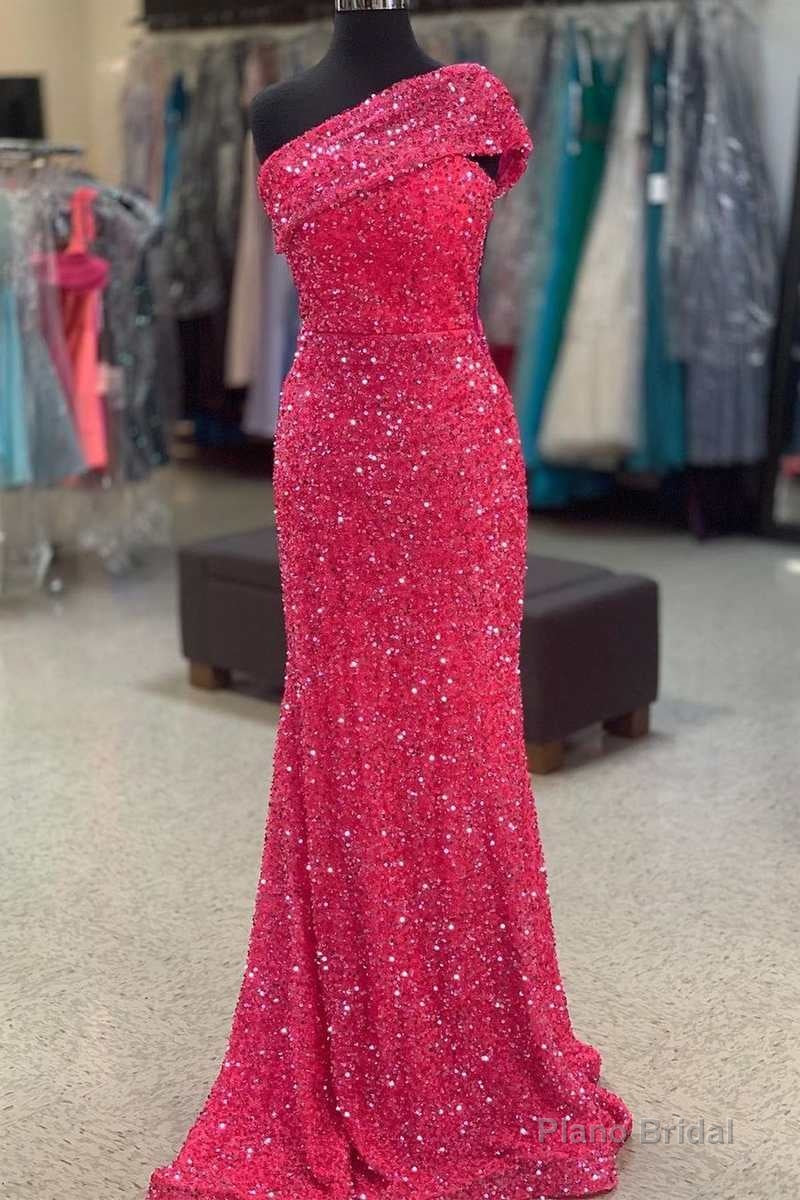 Hot Pink Sequin One-Shoulder Mermaid Long Prom Dress Main image