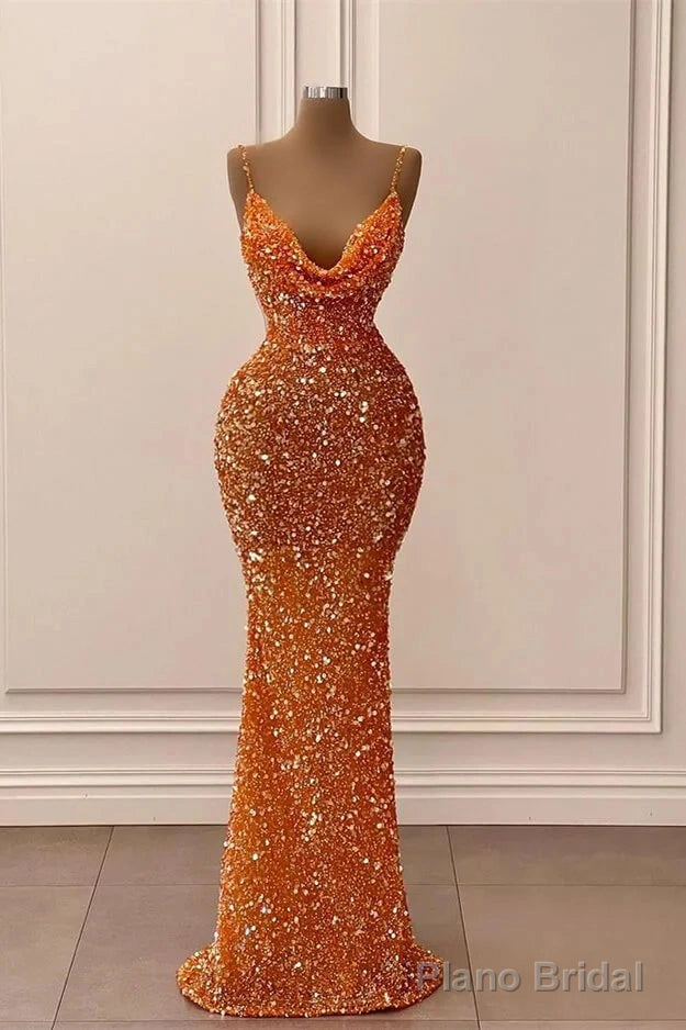 Orange V-Neck Spaghetti-Straps Mermaid Long Prom Dress With Sequins Secondary image