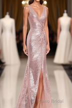 Rose Gold Sequin V-neck Long Prom Dresses with Slit