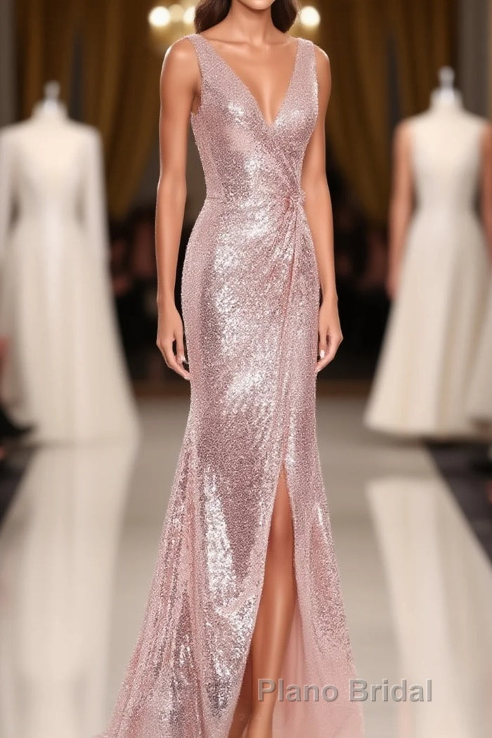 Rose Gold Sequin V-neck Long Prom Dresses with Slit