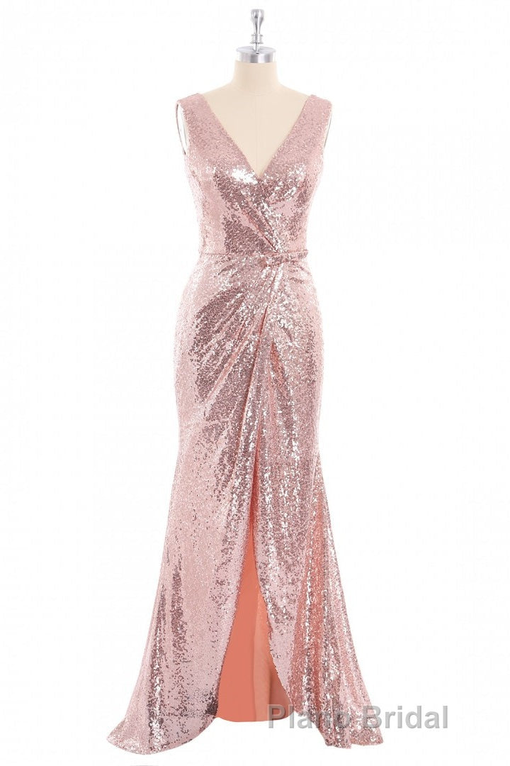 Rose Gold Sequin V-neck Long Prom Dresses with Slit