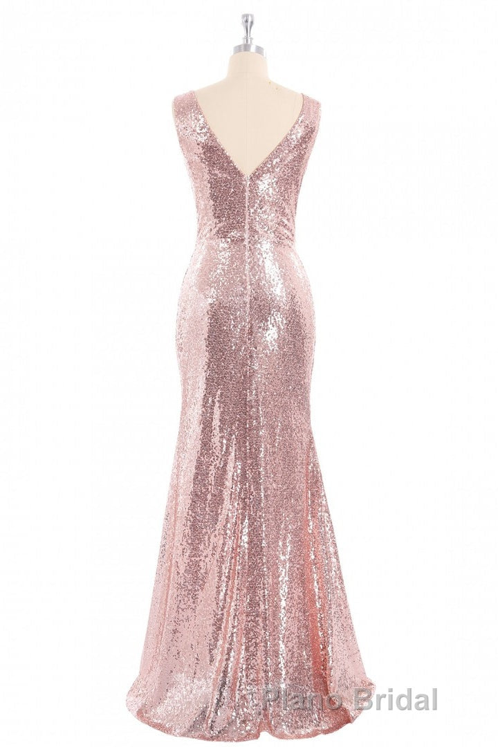 Rose Gold Sequin V-neck Long Prom Dresses with Slit
