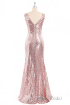 Rose Gold Sequin V-neck Long Prom Dresses with Slit