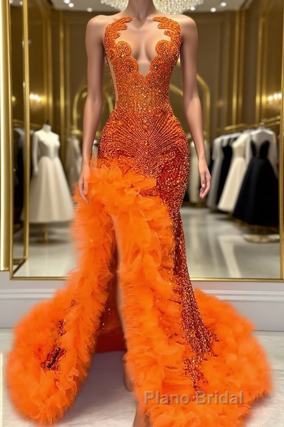 Orange Sleeveless Mermaid Formal Prom Dress with Side Slit and Tulle Beadings Main image