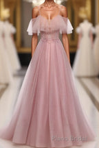 Pink Sweetheart Tulle Long Formal Prom Dresses, Pink Tulle Prom Dresses, 1