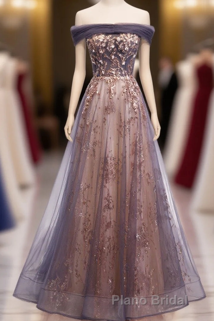 Unique Tulle Off Shoulder Lace Long Formal Prom Dresses, Lace Prom Dresses