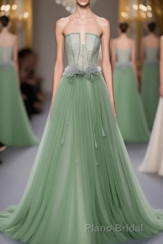 Green Tulle Lace Long Formal Prom Dresses, Green Tulle Evening Dresses, 3