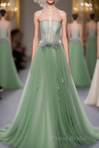 Green Tulle Lace Long Formal Prom Dresses, Green Tulle Evening Dresses, 3