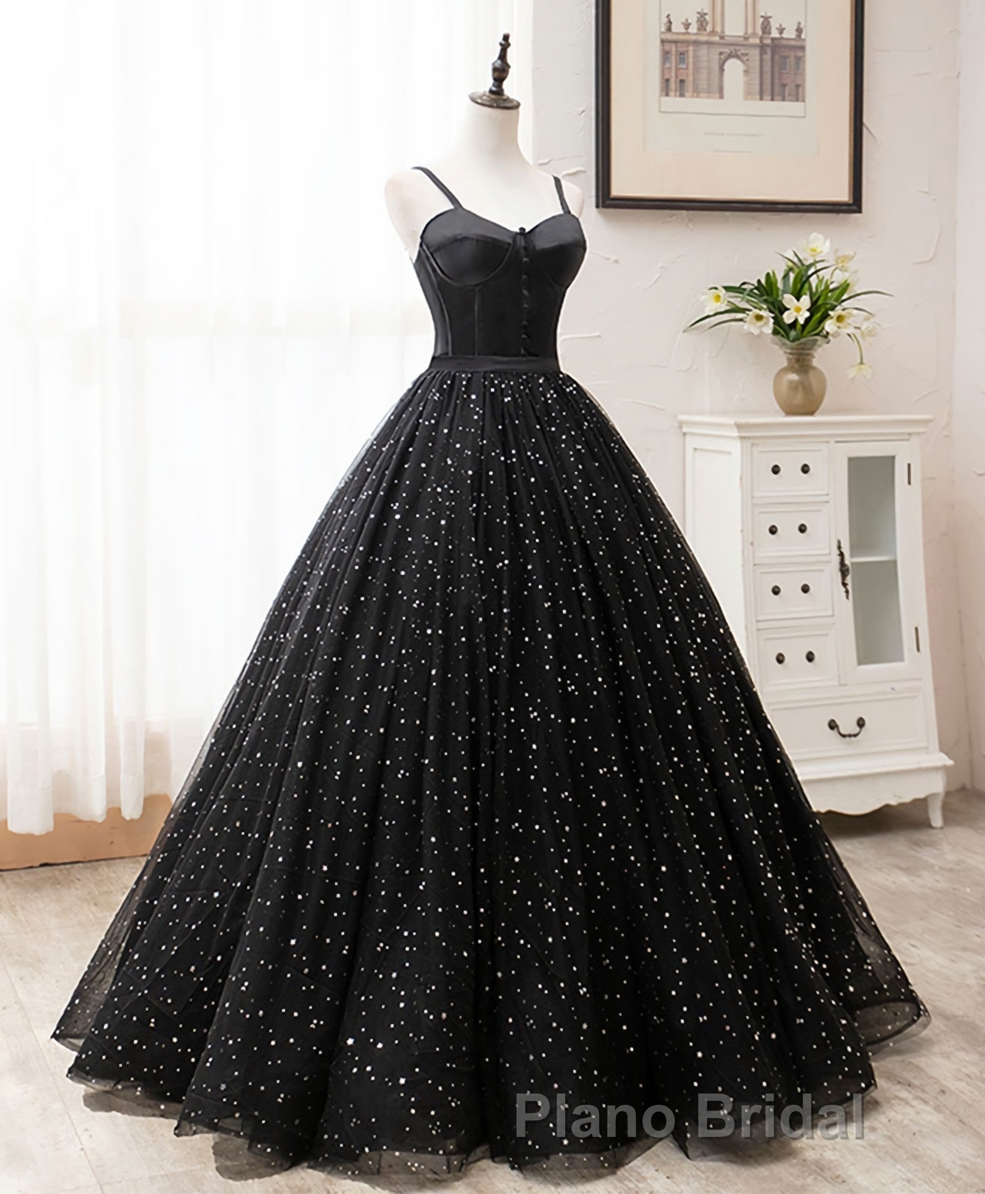 Black Sweetheart Tulle Long Formal Prom Dresses, Black Tulle Prom Dresses
