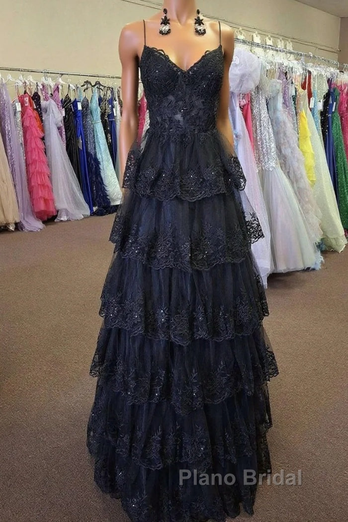 Straps Black Appliques Tulle Ruffle A-line Formal Prom Dresses Main image