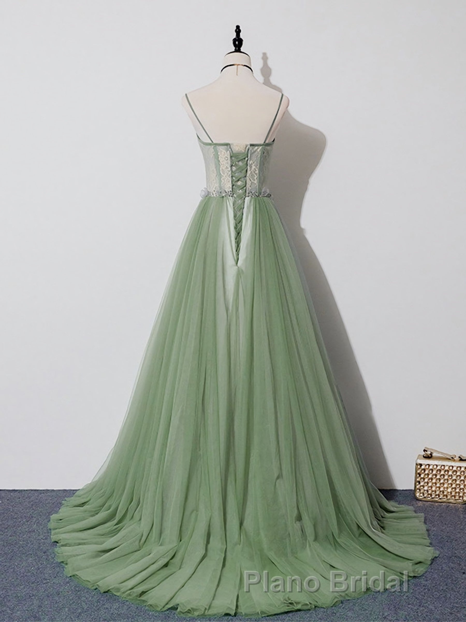 Green Tulle Lace Long Formal Prom Dresses, Green Tulle Evening Dresses, 3 Secondary image