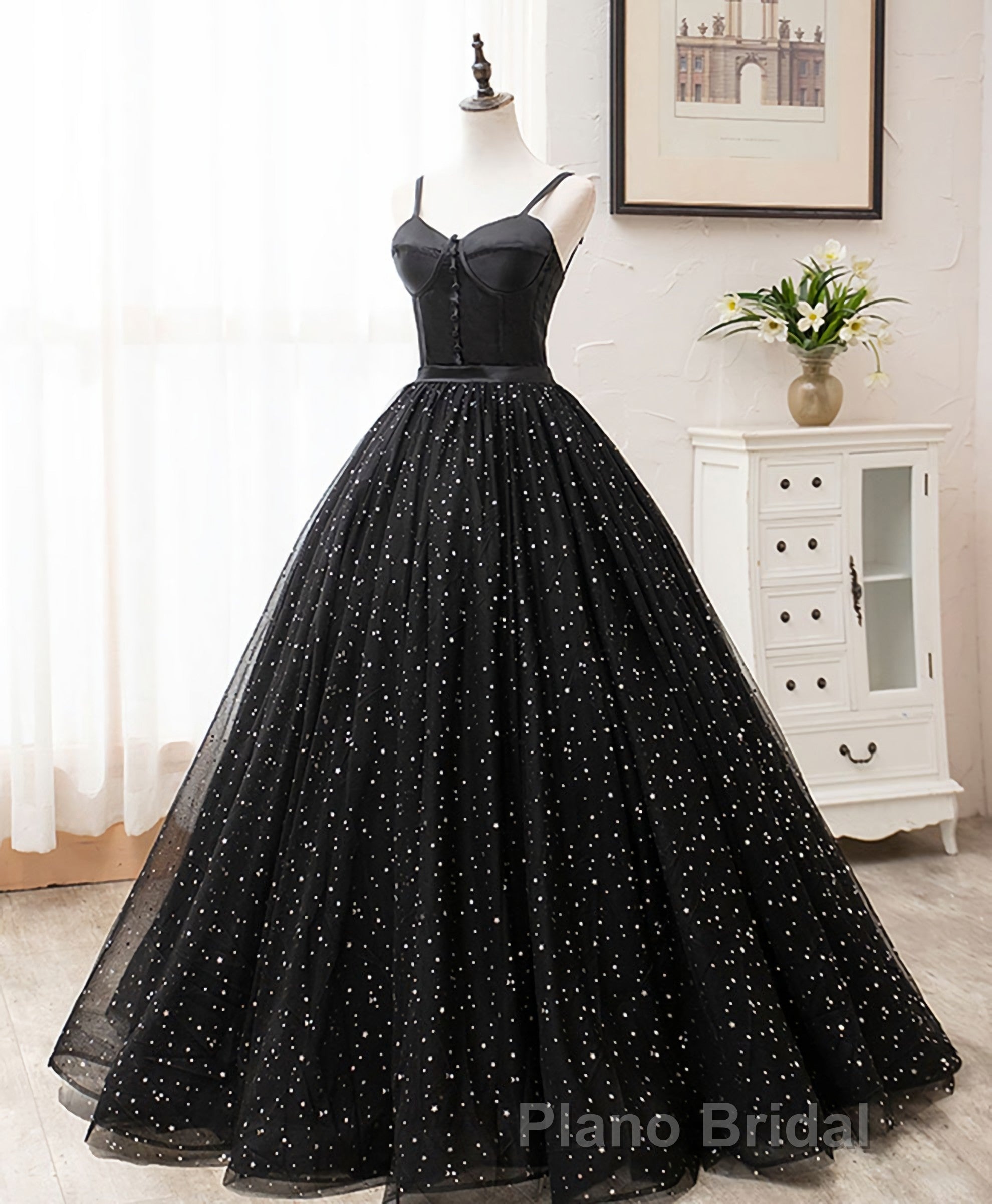 Black Sweetheart Tulle Long Formal Prom Dresses, Black Tulle Prom Dresses