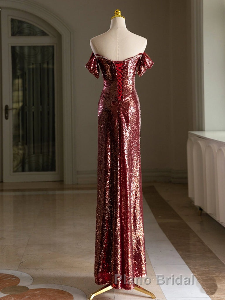 Simple Off Shoulder Sequin Burgundy Long Formal Prom Dress, Burgundy Long Evening Dress